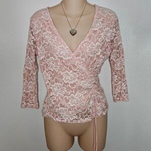 E.K. Designs‎ Floral Lace Wrap Top Pink White Ruched Blouse